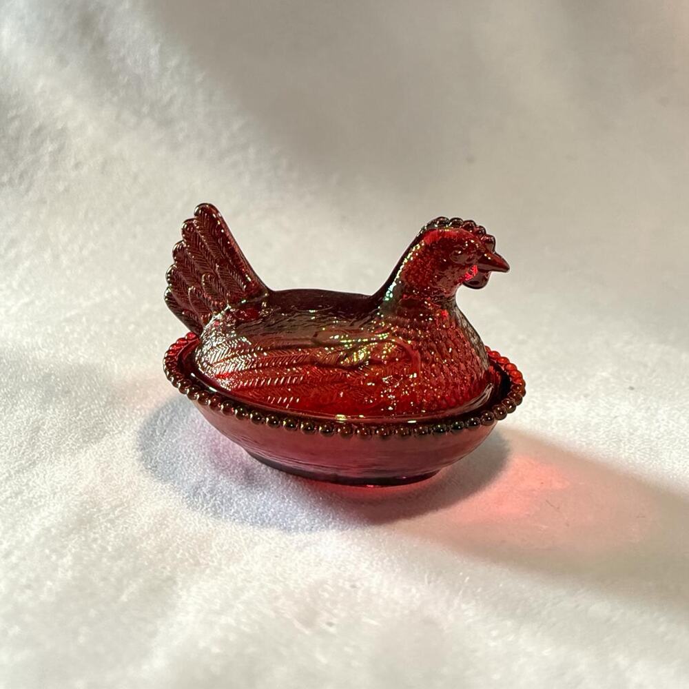 Vintage Ruby Red Glass Hen On Nest Covered  Dish Beaded Rim 5 Inch - Picture 3 of 13